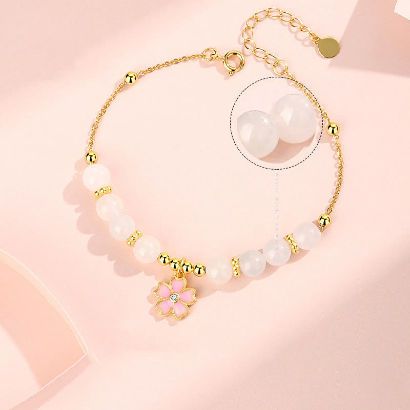 Bransoletka ochronna Buddha Stones 925 Sterling Silver Hetian White Jade Cherry Blossom