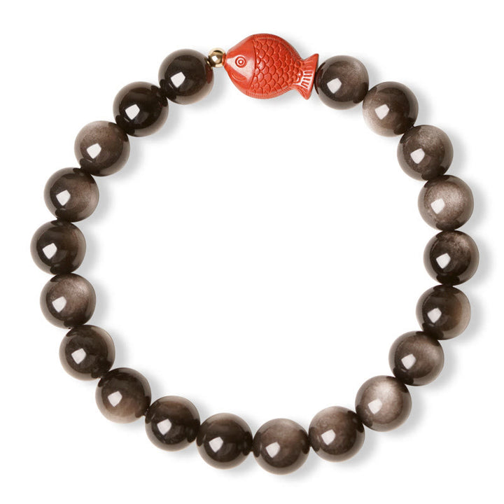 Bransoletka ochronna z Buddha Stones Naturalny srebrny połysk Obsydian Cynober Koi Fish