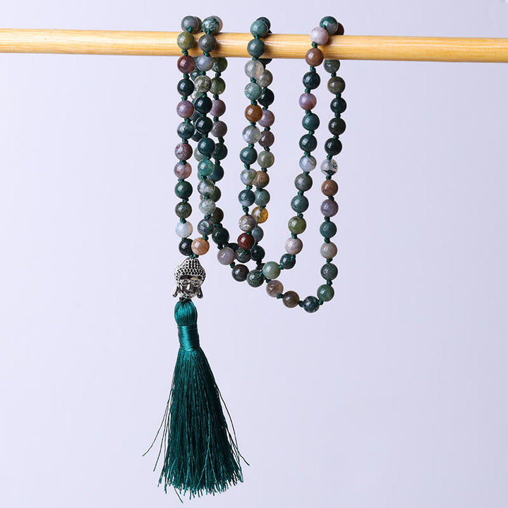 Buddha Stones 108 koralików Mala Bransoletka oczyszczająca z indyjskiego agatu Głowa Buddy