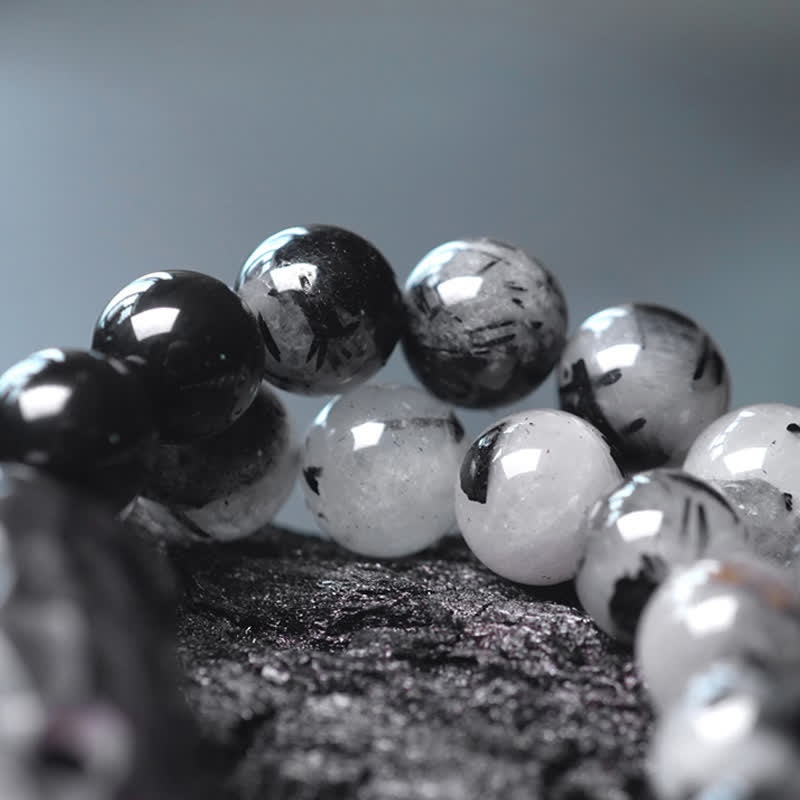 Bransoletka dla pary z czarnego kwarcu rutylowego, drewna hebanowego i białego kryształu