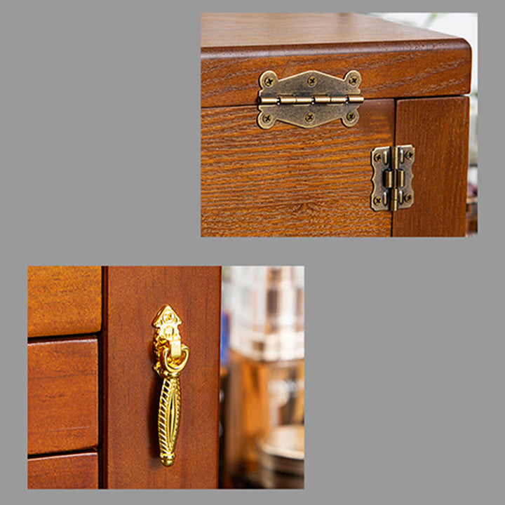 Buddha Stones Vintage Duża Pojemność Drewniane Pudełko na Biżuterię Pudełko Do Przechowywania Biżuterii Z Lustrem