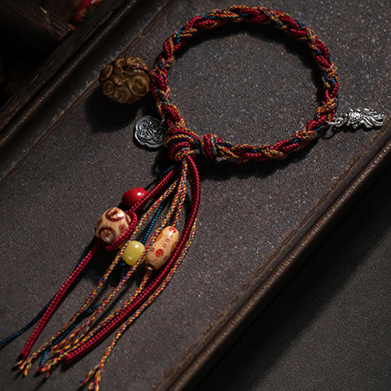 Buddha Stones Tybetańskie Ręcznie Robione Kolorowe Nici 925 Srebro Sterling Ochrona Ryb Koi Siła Bransoletka Sznurkowa