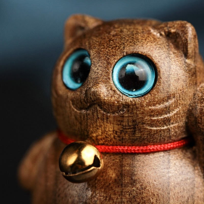 Buddha Stones Miniaturowy Szczęśliwy Kot Kociak Phoebe Zhennan Drewno Błogosławieństwo Dekoracja - image 15