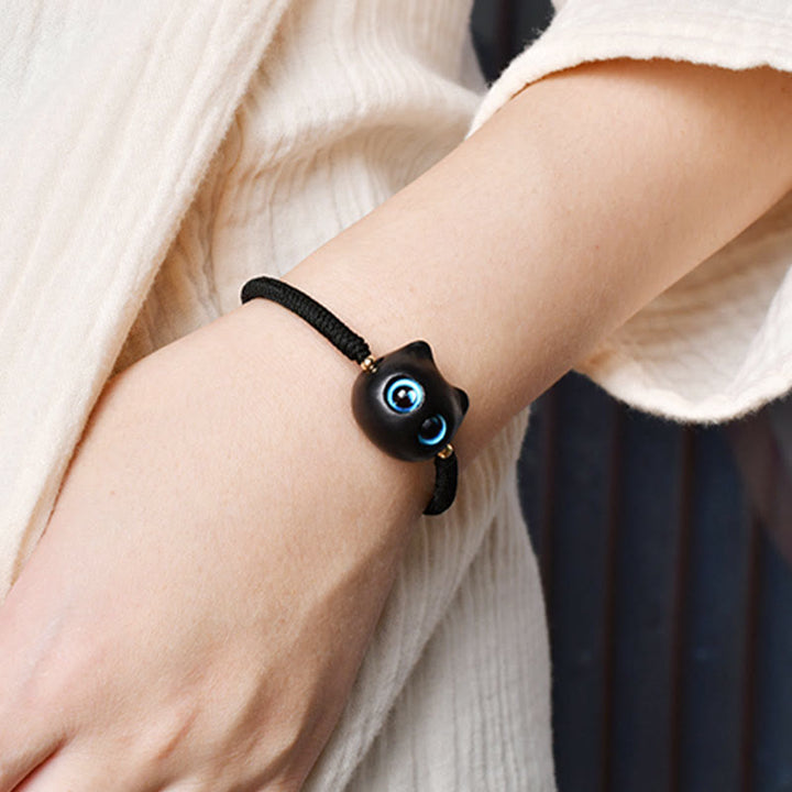 Buddha Stones Drewno Hebanowe Głowa Kota Wzór Pokoju King Kong Węzeł Bransoletka Pleciona - image 20