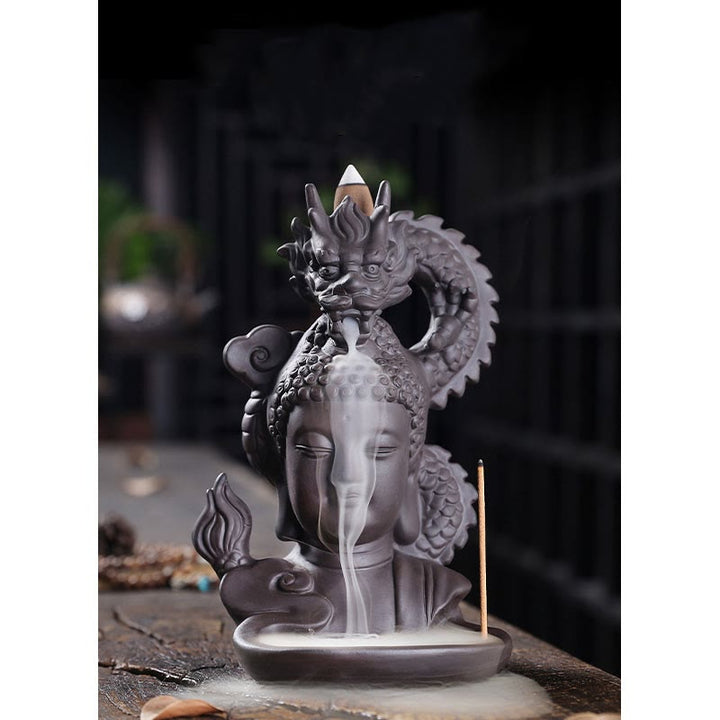 Buddha Stones Smok Budda Pomyślne Chmury Fioletowa Glina Uzdrawiająca Kadzielnica Dekoracja