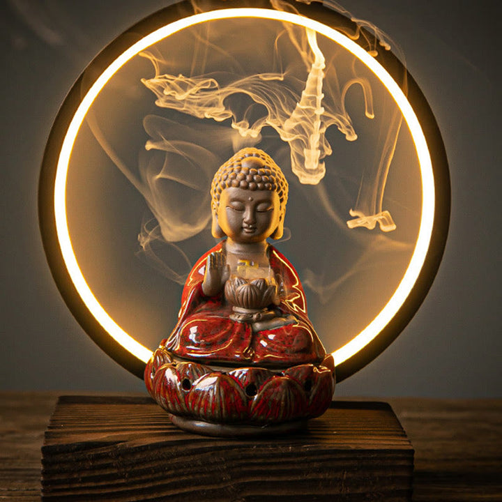 Buddha Stones Budda Lotos Cofający Dym Fontanna Ceramiczny Błogosławieństwo Kadzielnica Z Dekoracją Światła