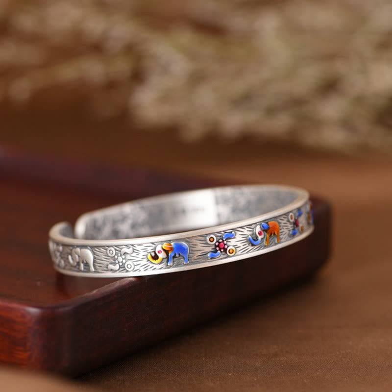 Buddha Stones 999 Srebro Sterlingowe Słoń Siła Mądrość Bransoletka Mankiet Bangle - image 3