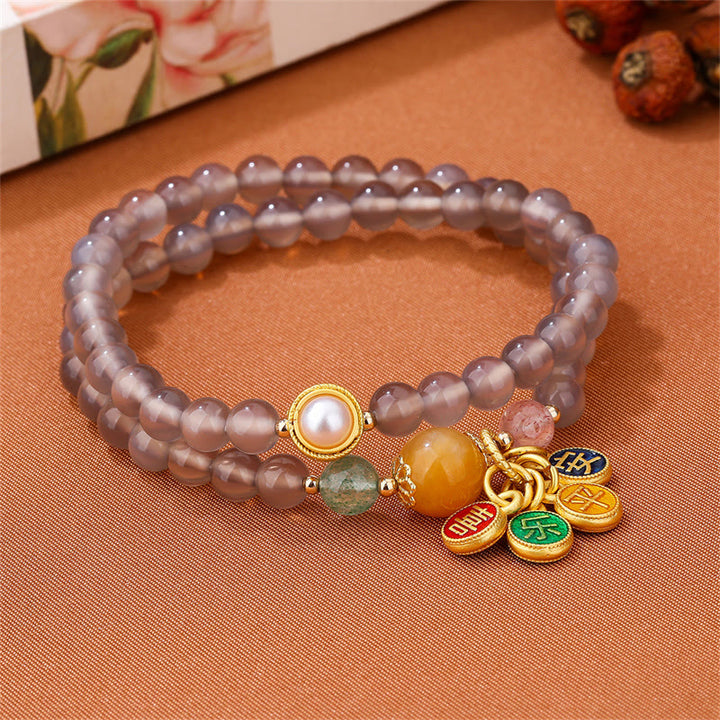 Bransoletka Buddha Stones Natural Grey Agat Peace And Joy Charm Balance Double Wrap
