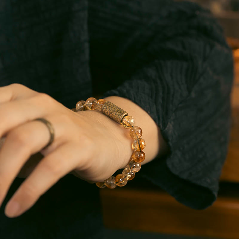Bransoletka ochronna z naturalnego kryształu cytrynu i mosiądzu z Buddha Stones