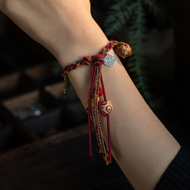 Buddha Stones Tybetańskie Ręcznie Robione Kolorowe Nici 925 Srebro Sterling Ochrona Ryb Koi Siła Bransoletka Sznurkowa