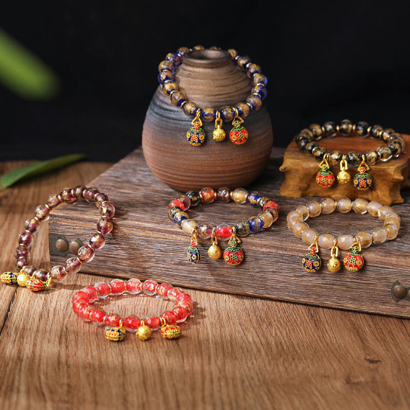 Buddha Stones Złoty Połykający Bestia Rodzina Charm Złota Srebrna Folia Liuli Szklane Koraliki Błogosławieństwa Bransoletka