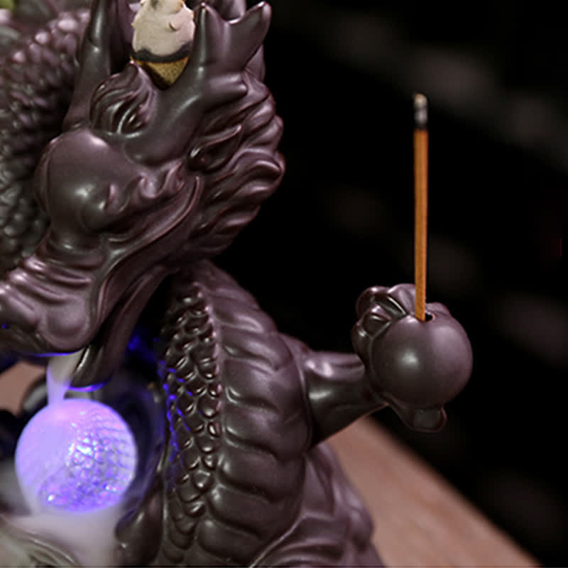 Buddha Stones Pomyślny Smok Ceramiczny Dym Fontanna Medytacja Uzdrawiający Kadzidło Palnik Dekoracja Kula Led