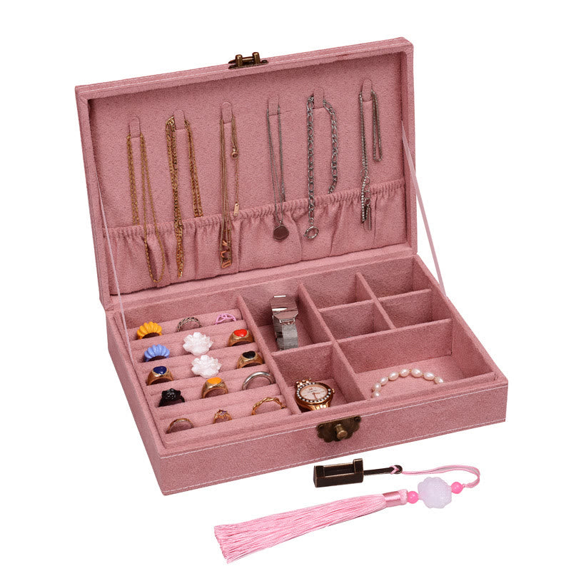 Buddha Stones Prosty Design Organizer na biżuterię Jednowarstwowy flanelowy organizer na biżuterię z zamkiem - Różowy 28 cm * 19 cm * 6,5 cm - image 28