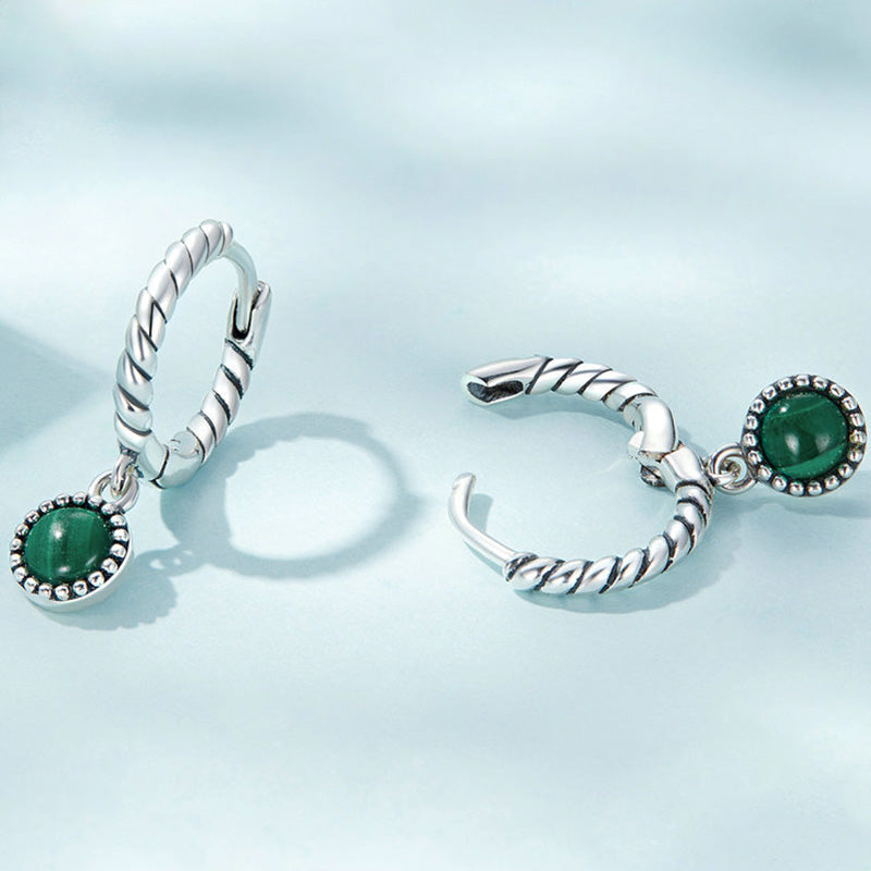 925 Srebrne okrągłe kolczyki z malachitu antylękowe