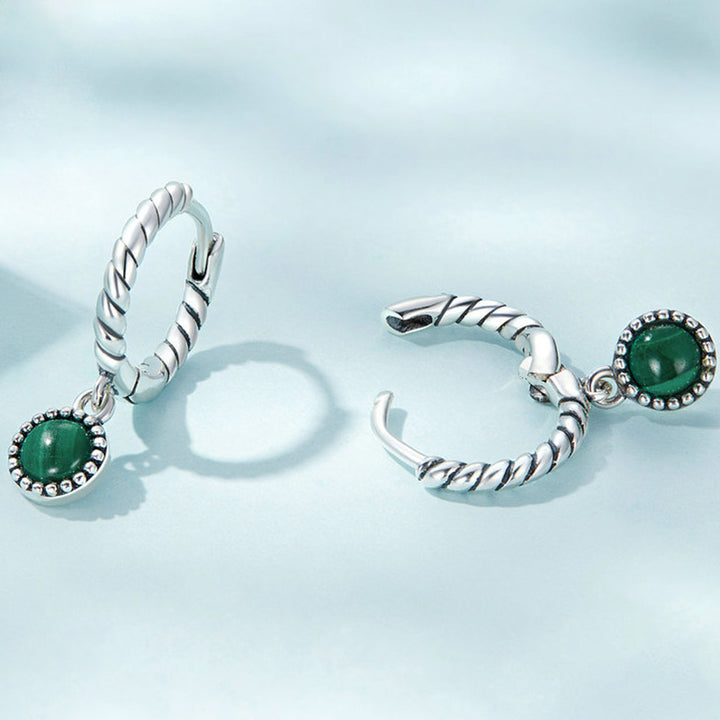 925 Srebrne okrągłe kolczyki z malachitu antylękowe