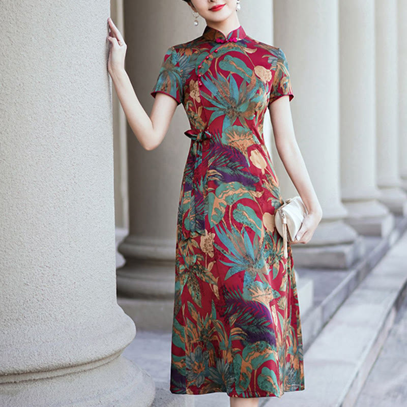 Suknia Qipao z Buddha Stones z jedwabiu w stylu retro z wzorem liści kwiatów i kwiatów, damska sukienka Cheongsam