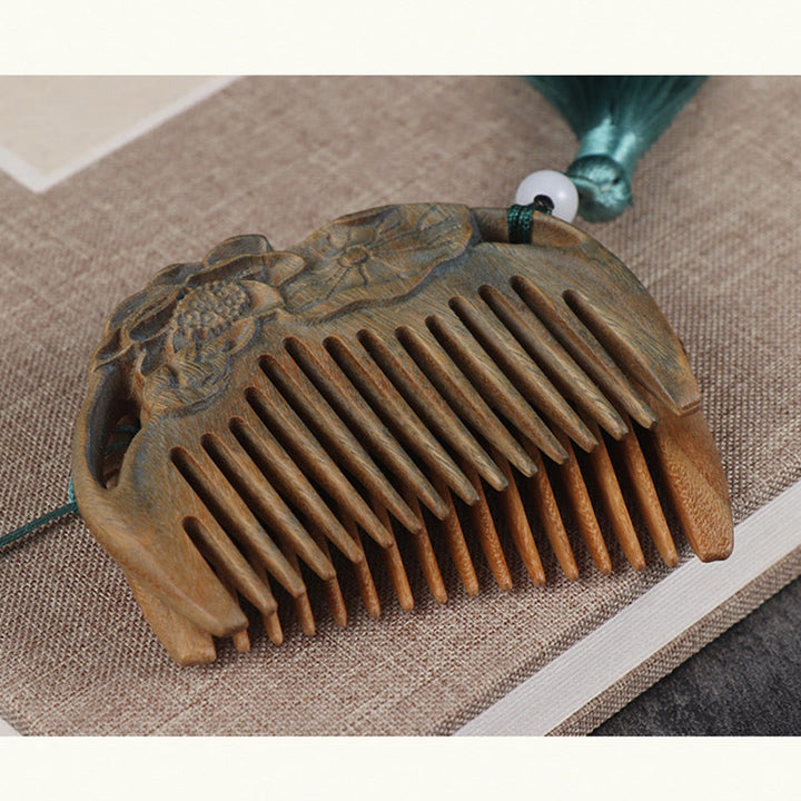 Zielony sandałowiec, kwiat piwonii, lotos, grawerowany grzebień z frędzlami