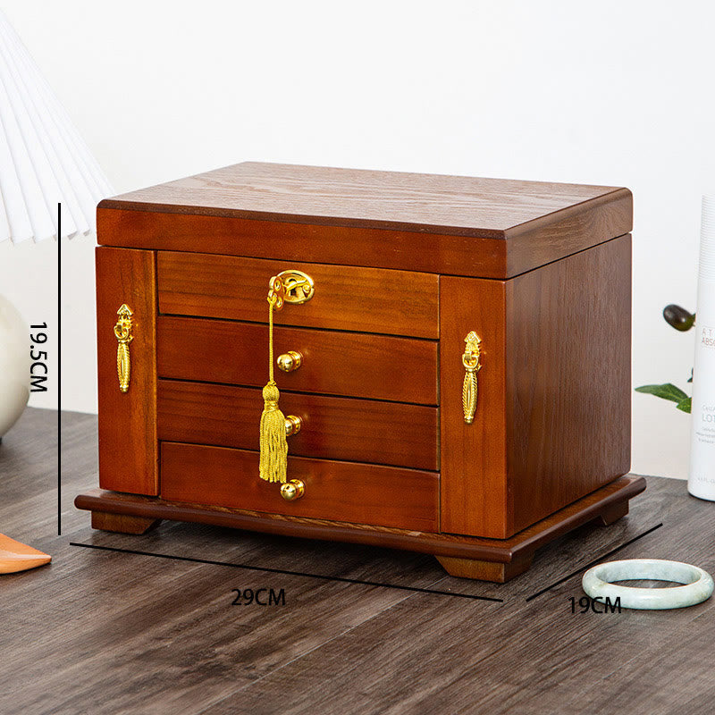 Buddha Stones Vintage Duża Pojemność Drewniane Pudełko na Biżuterię Pudełko Do Przechowywania Biżuterii Z Lustrem