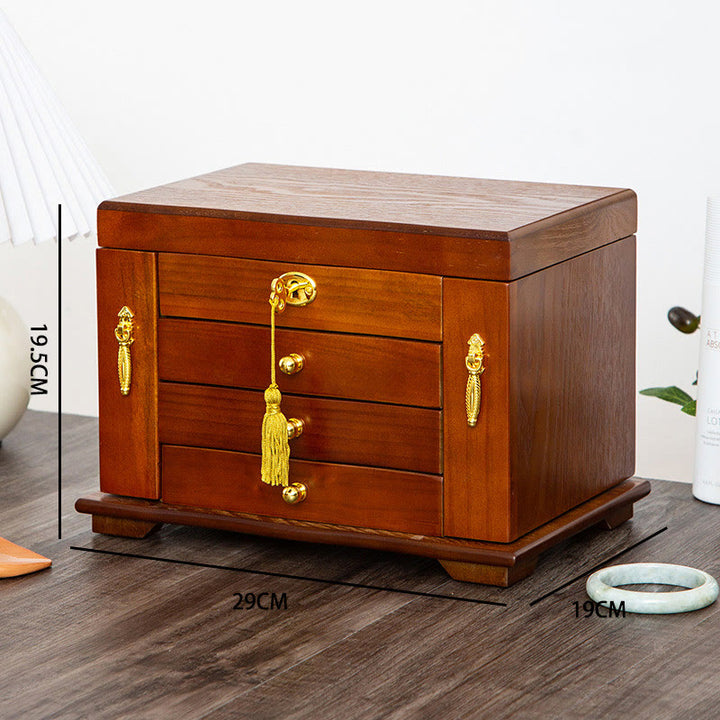 Buddha Stones Vintage Duża Pojemność Drewniane Pudełko na Biżuterię Pudełko Do Przechowywania Biżuterii Z Lustrem