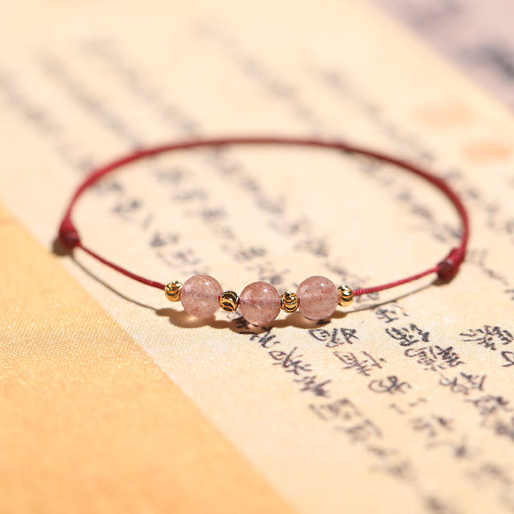 Buddha Stones Naturalny Kryształ Kwarcowy Truskawkowy Miłość Czerwona Bransoletka Tkana Sznurkiem Anklet