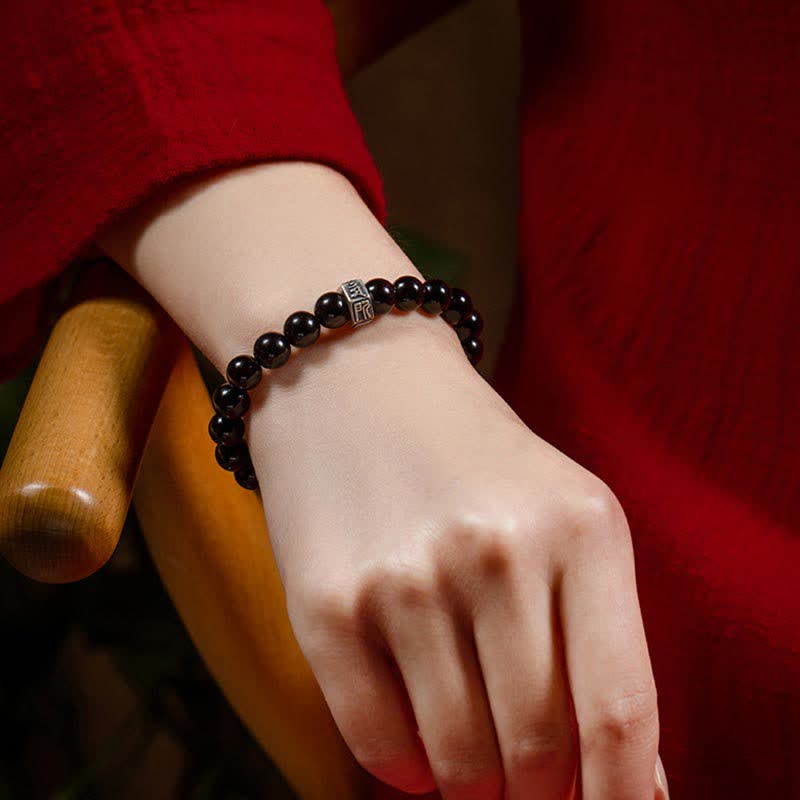 Chiński zodiak Natal Buddha 925 Srebro Sterling Czarny Obsydian Moonstone Bransoletka Siła
