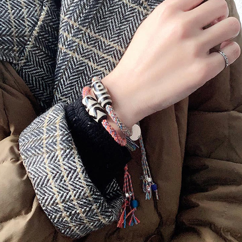 Bransoletka Om Mani Padme Hum z koralików Tybetańskich 925 Sterling Silver, ręcznie robiona Dzi Bead Protection Braid