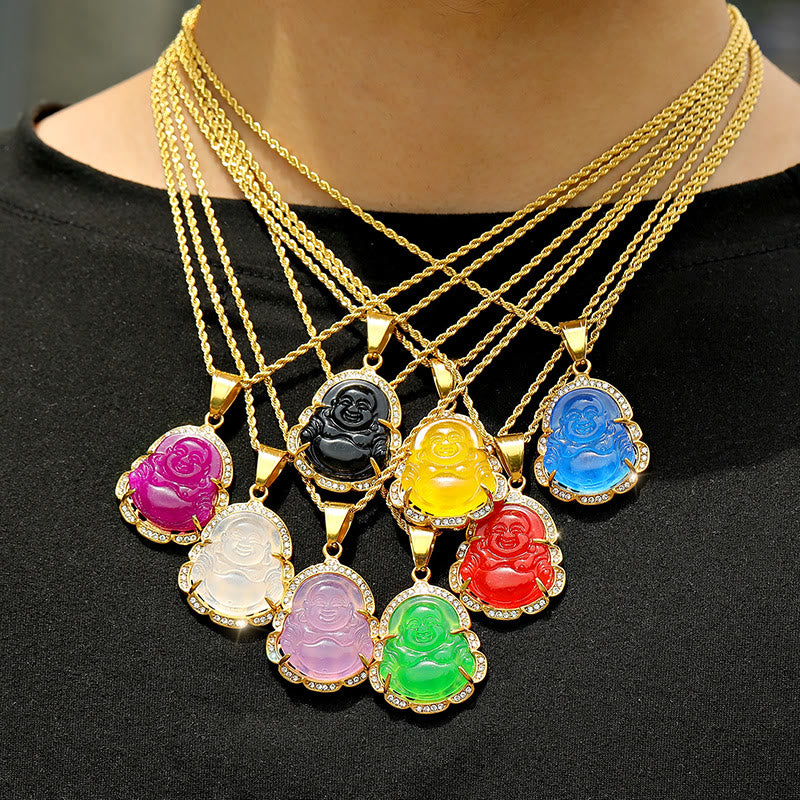 Buddha Stones 18K wypełnione złotem Śmiejący się Budda Jadeitowy naszyjnik szczęścia łańcuszek wisiorek - image 19