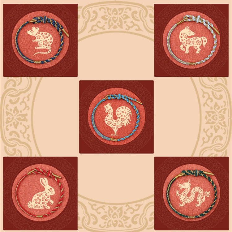 Buddha Stones Ręcznie robione Chińskie Zodiak Królik Kogut Szczur Koń Smok Ochrona Warkocz Bransoletka ze Sznurka