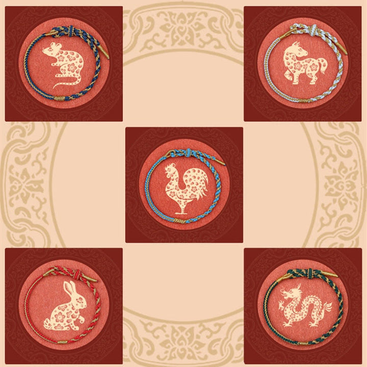 Buddha Stones Ręcznie robione Chińskie Zodiak Królik Kogut Szczur Koń Smok Ochrona Warkocz Bransoletka ze Sznurka