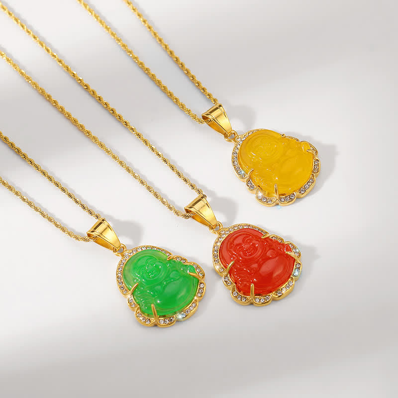 Buddha Stones 18K wypełnione złotem Śmiejący się Budda Jadeitowy naszyjnik szczęścia łańcuszek wisiorek - image 12