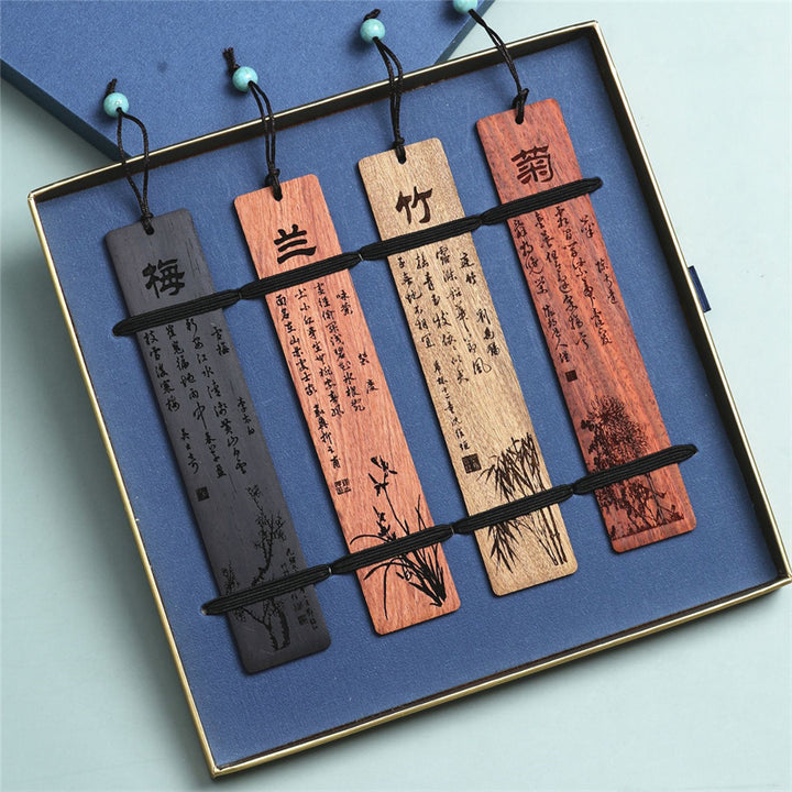 Zakładki do książek z Buddha Stones, śliwką, orchideą, bambusem i chryzantemą, z pudełkiem prezentowym