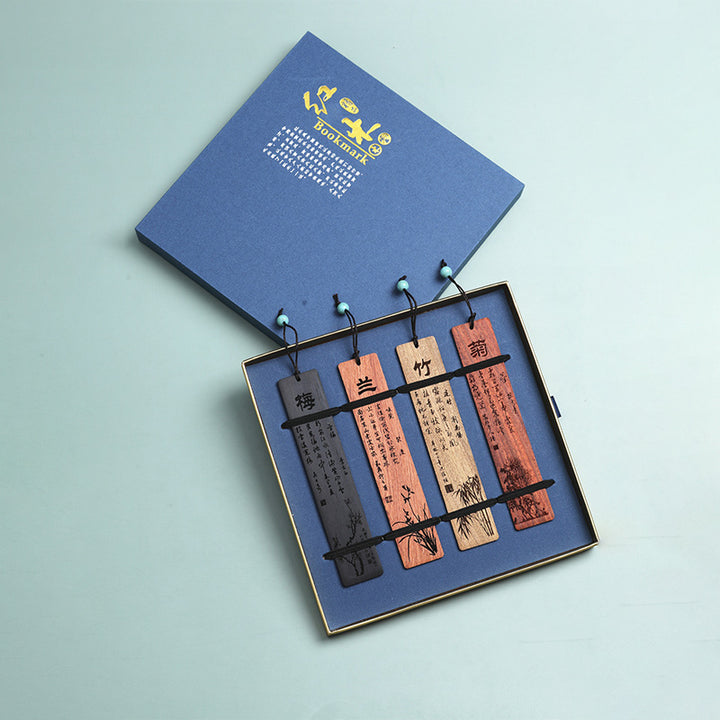 Zakładki do książek z Buddha Stones, śliwką, orchideą, bambusem i chryzantemą, z pudełkiem prezentowym