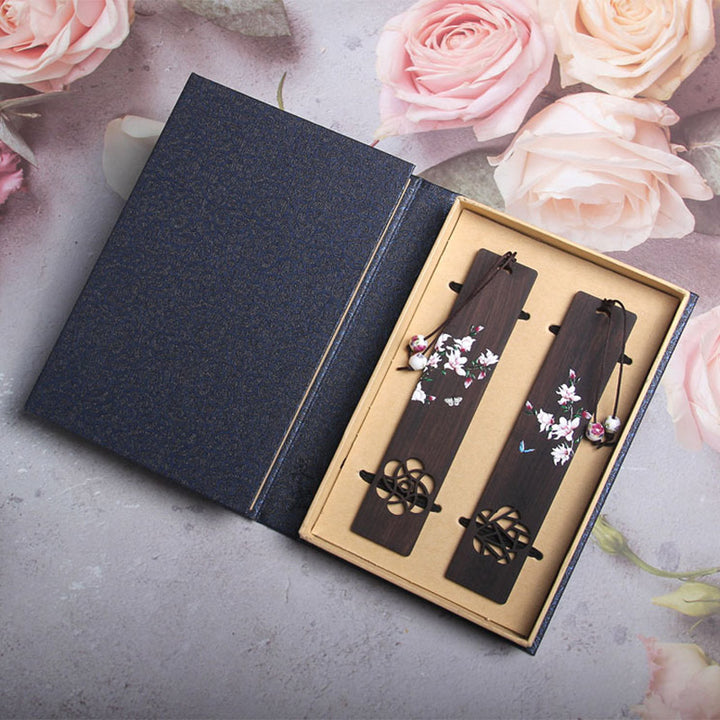 Zakładki do książek z Buddha Stones, motylem i kwiatem z drewna hebanowego z pudełkiem prezentowym