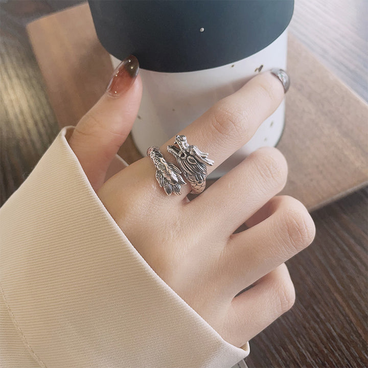 Buddha Stones 925 Srebro Sterling Rok Smoka Szczęście Siła Regulowany Metalowy Pierścień - image 7