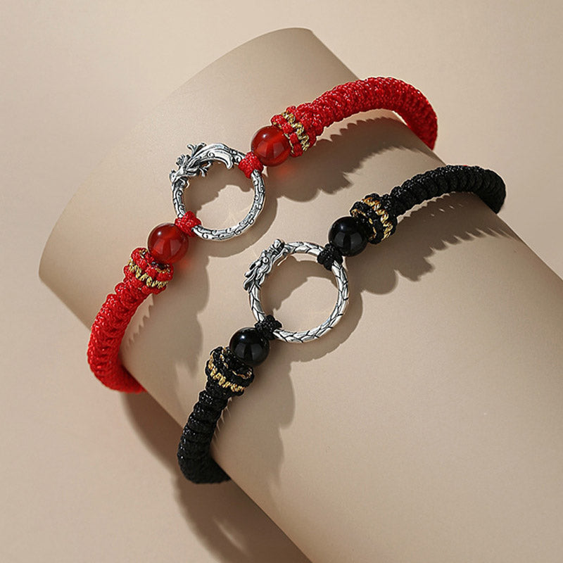 Buddha Stones Ręcznie robione 925 Srebro Sterling Rok Smoka Feniks Klamra Pokoju Szczęście Bransoletka Para