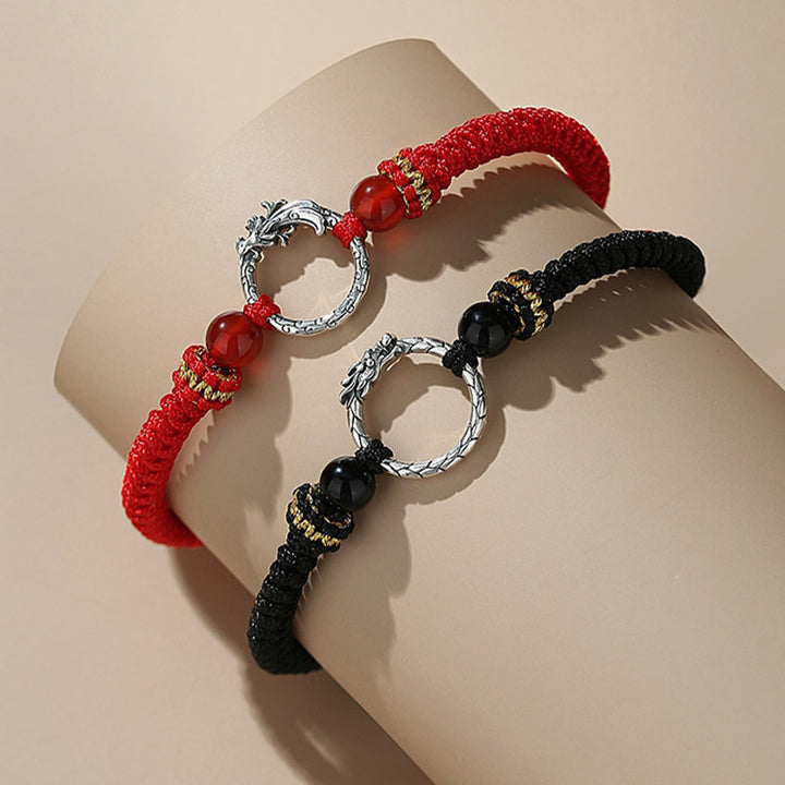 Buddha Stones Ręcznie robione 925 Srebro Sterling Rok Smoka Feniks Klamra Pokoju Szczęście Bransoletka Para
