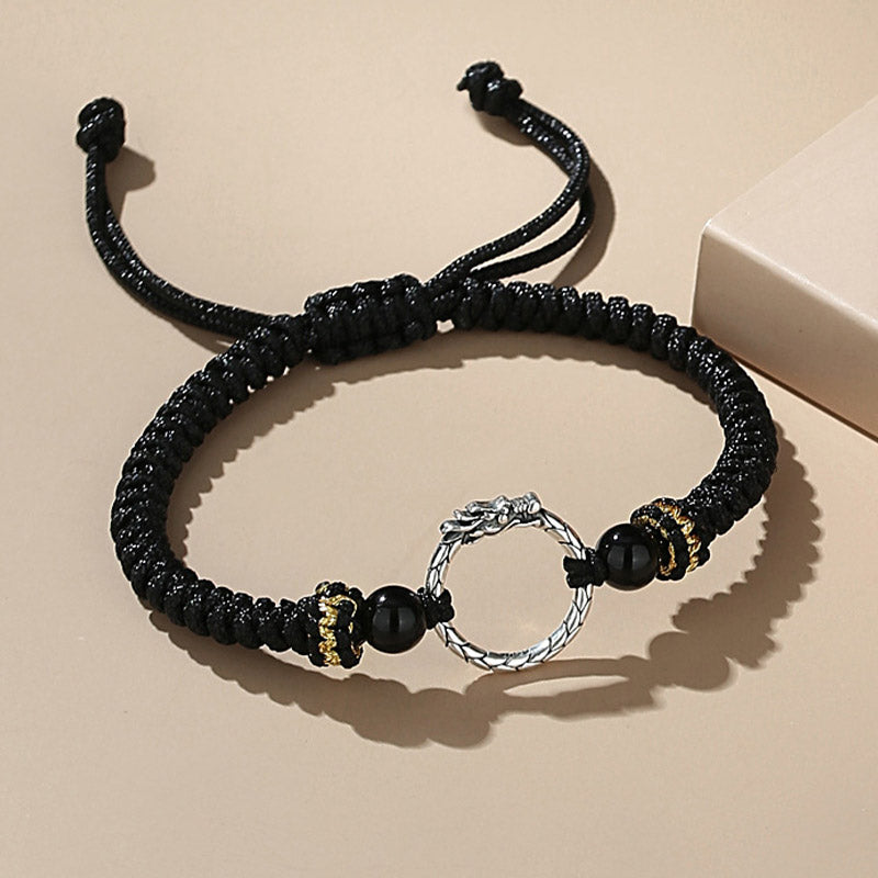 Buddha Stones Ręcznie robione 925 Srebro Sterling Rok Smoka Feniks Klamra Pokoju Szczęście Bransoletka Para