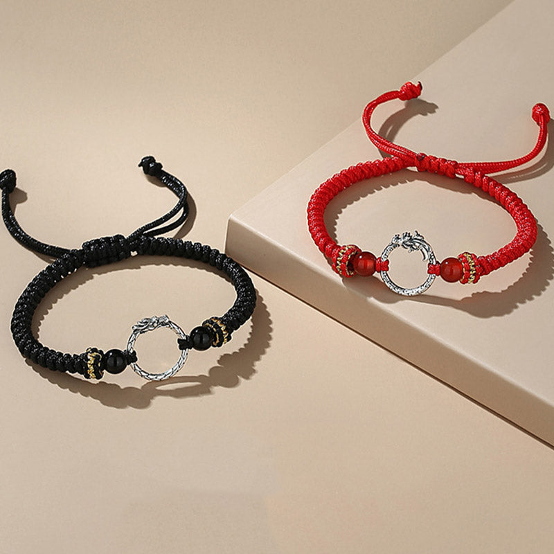 Buddha Stones Ręcznie robione 925 Srebro Sterling Rok Smoka Feniks Klamra Pokoju Szczęście Bransoletka Para