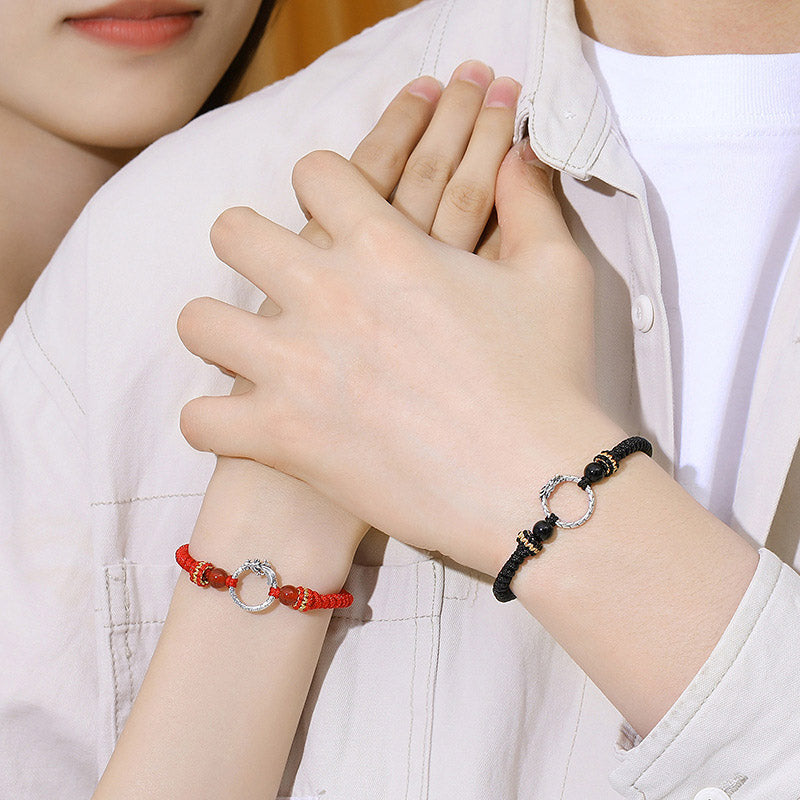 Buddha Stones Ręcznie robione 925 Srebro Sterling Rok Smoka Feniks Klamra Pokoju Szczęście Bransoletka Para