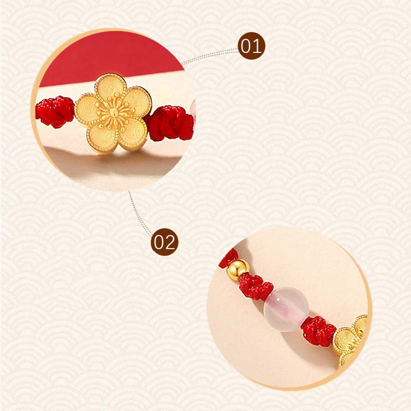 Buddha Stones Ręcznie robione 925 Srebro Sterlingowe Brzoskwiniowy Kwiat Wiśni Sakura Chalcedon Koralik Szczęścia Czerwona Bransoletka Lina