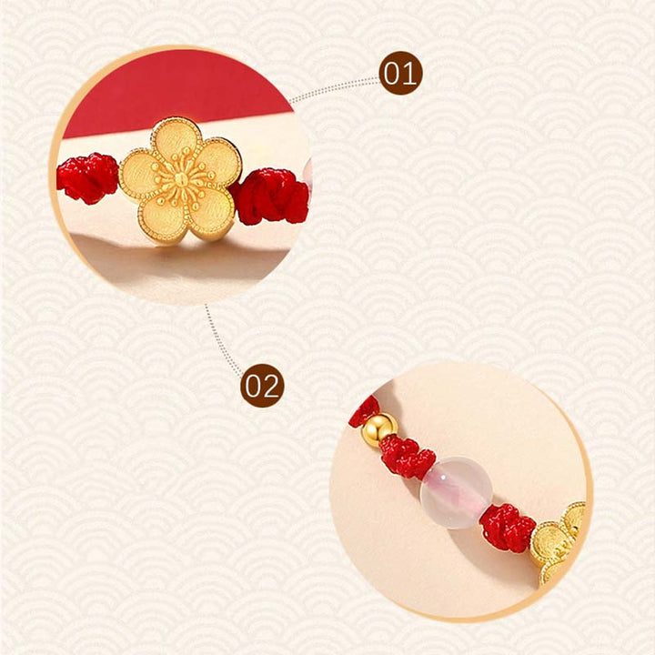 Buddha Stones Ręcznie robione 925 Srebro Sterlingowe Brzoskwiniowy Kwiat Wiśni Sakura Chalcedon Koralik Szczęścia Czerwona Bransoletka Lina