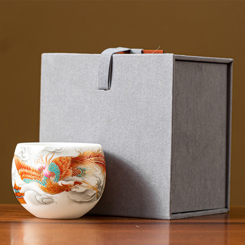 Buddha Stones Smok Feniks Pomyślne Chmury Ceramiczna Filiżanka Kung Fu Filiżanka Do Herbaty Z Pudełkiem Prezentowym