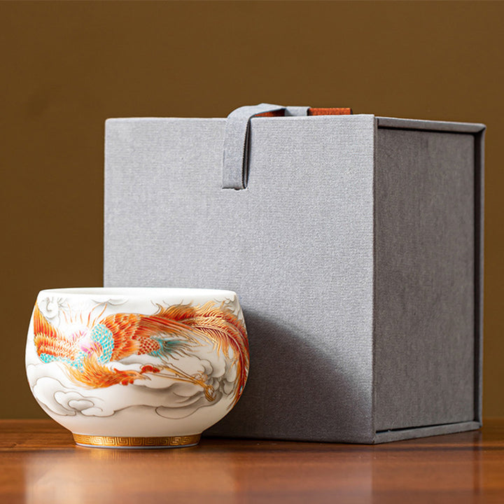 Buddha Stones Smok Feniks Pomyślne Chmury Ceramiczna Filiżanka Kung Fu Filiżanka Do Herbaty Z Pudełkiem Prezentowym