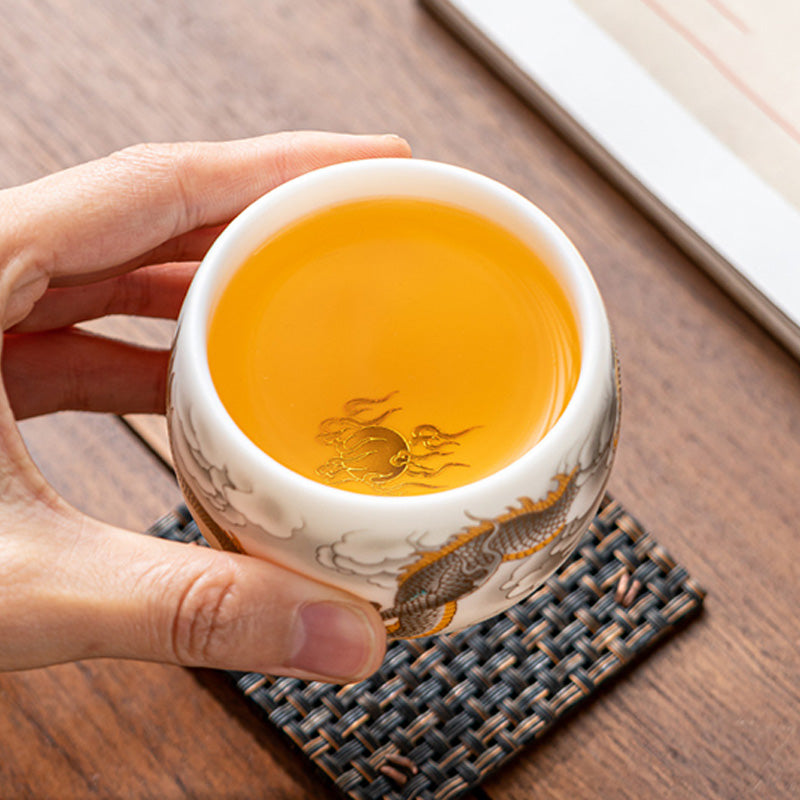 Buddha Stones Smok Feniks Pomyślne Chmury Ceramiczna Filiżanka Kung Fu Filiżanka Do Herbaty Z Pudełkiem Prezentowym