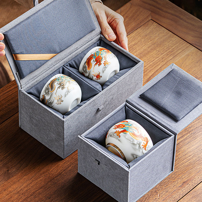 Buddha Stones Smok Feniks Pomyślne Chmury Ceramiczna Filiżanka Kung Fu Filiżanka Do Herbaty Z Pudełkiem Prezentowym