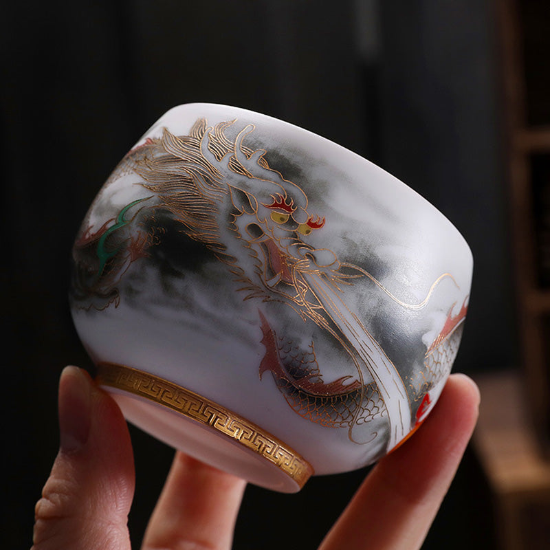 Buddha Stones Smok Złocona Tykwa Ceramiczna Biała Porcelana Filiżanka Do Herbaty Kung Fu 160ml