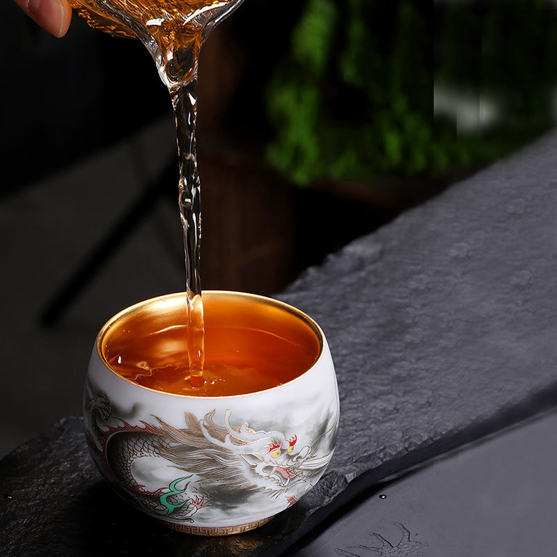 Buddha Stones Smok Złocona Tykwa Ceramiczna Biała Porcelana Filiżanka Do Herbaty Kung Fu 160ml