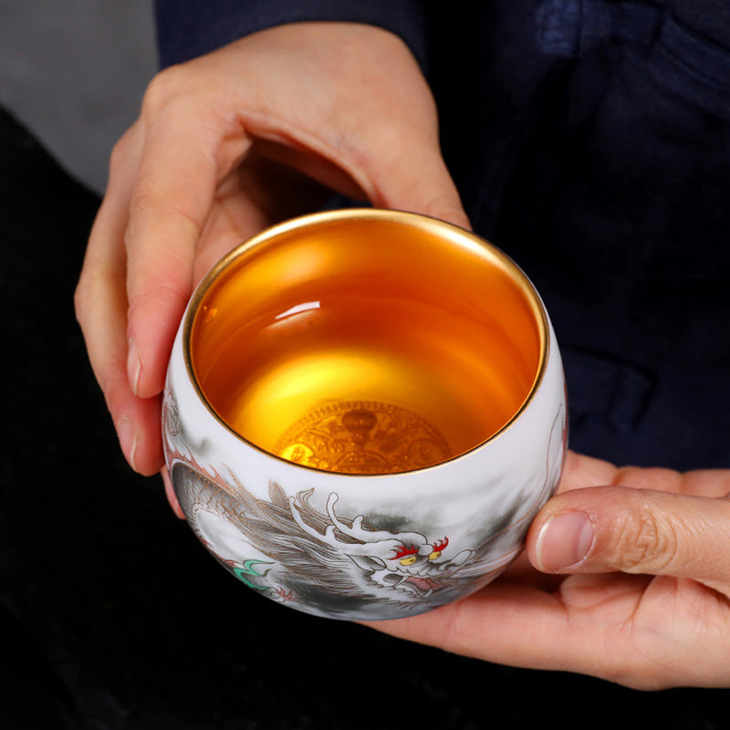 Buddha Stones Smok Złocona Tykwa Ceramiczna Biała Porcelana Filiżanka Do Herbaty Kung Fu 160ml