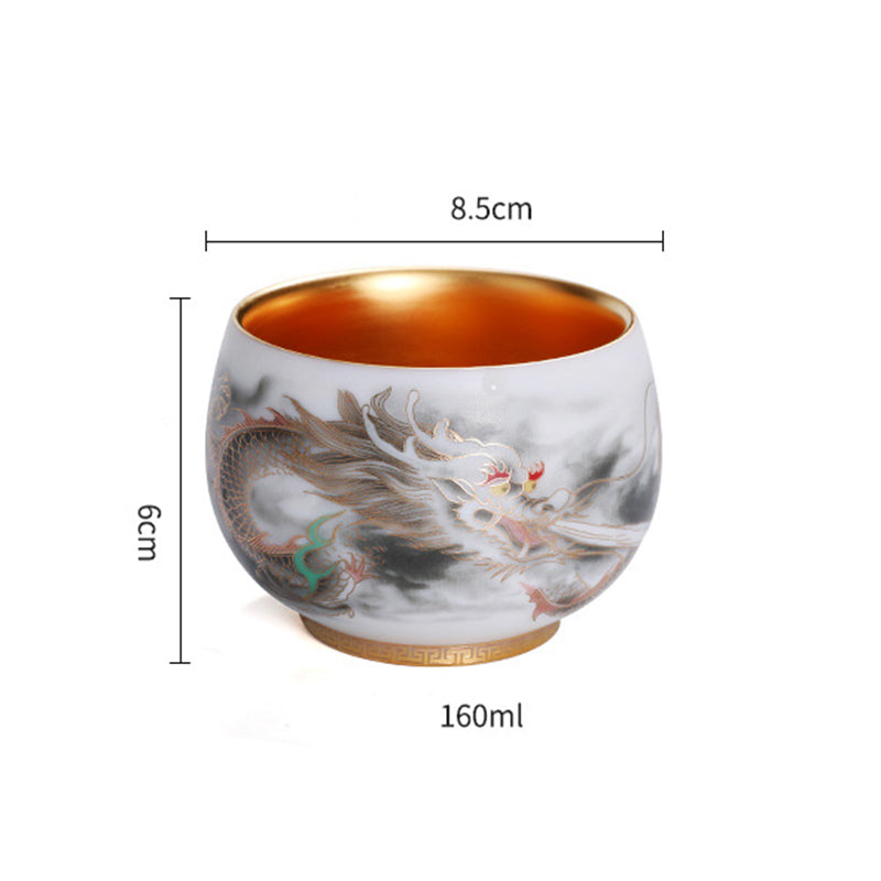 Buddha Stones Smok Złocona Tykwa Ceramiczna Biała Porcelana Filiżanka Do Herbaty Kung Fu 160ml