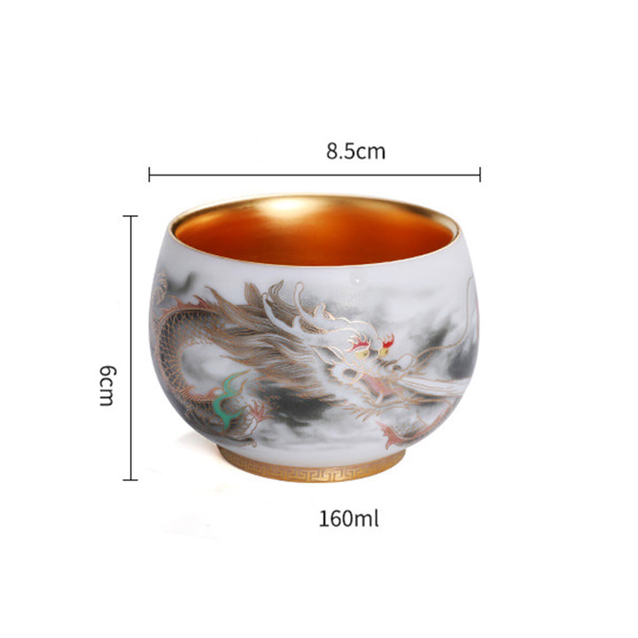 Buddha Stones Smok Złocona Tykwa Ceramiczna Biała Porcelana Filiżanka Do Herbaty Kung Fu 160ml